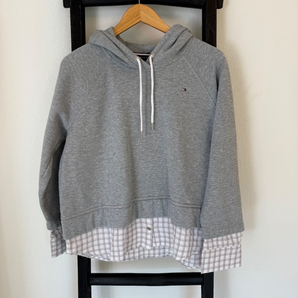 Tommy Hilfiger Womens Grey Hoodie‎ Plaid Shirt Hem Layered Look Size XL